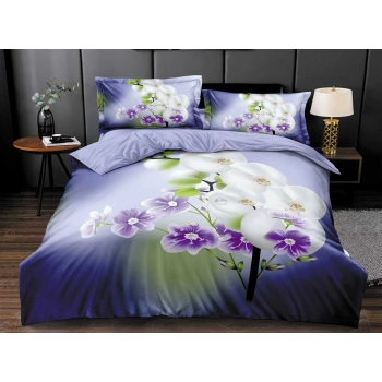 Pościel 200x220 kremowa fioletowa biały kwiat PK701 z PRZEŚCIERADŁEM